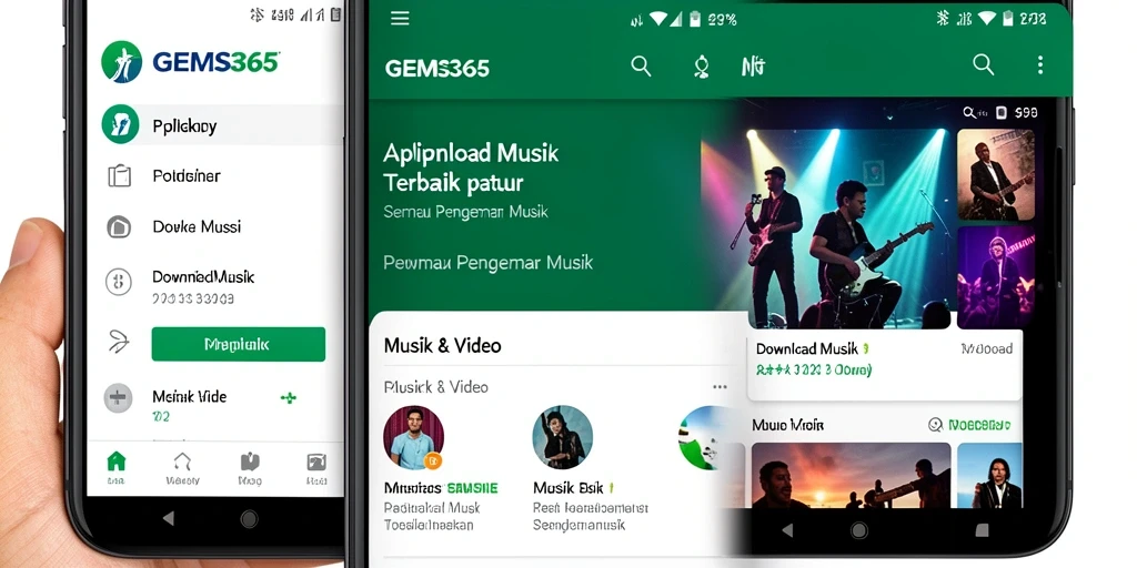 Tampilan antarmuka GEMS365 menampilkan berbagai pilihan musik dengan mudah.