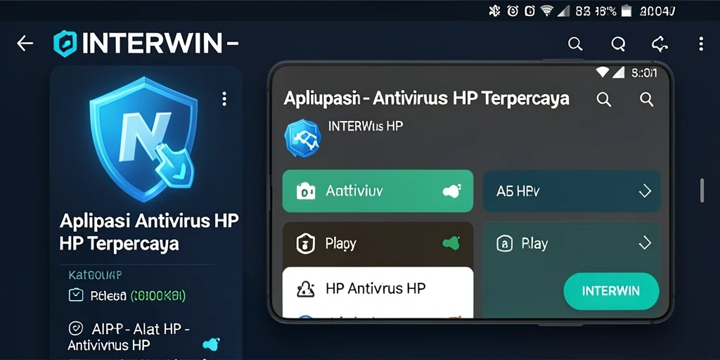 Antarmuka utama INTERWIN menampilkan status keamanan dan fitur pemindaian.