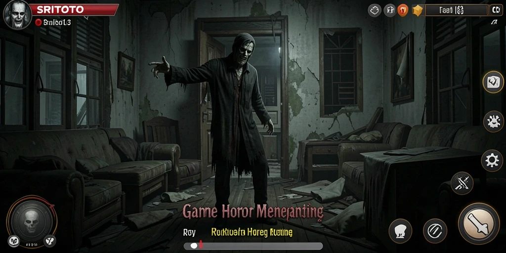 Screenshot utama SRITOTO menampilkan suasana mencekam di dalam rumah horor.